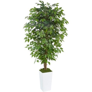 Costway 6ft Artificial Ficus Silk Tree – Green, Realistic Wood Trunks, Indoor/Outdoor