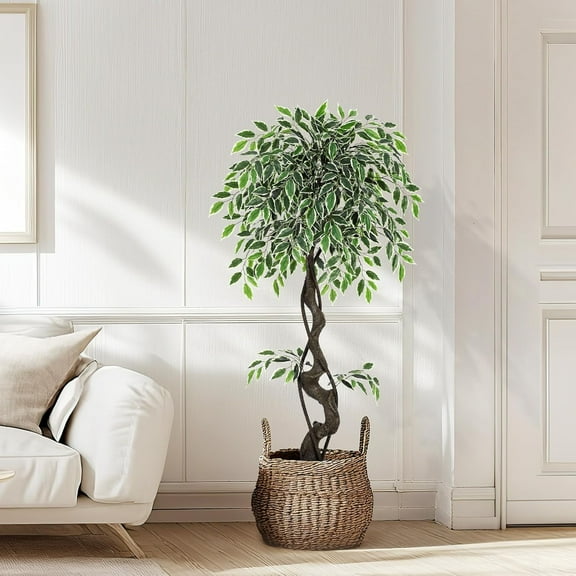 Artificial Ficus Tree for Home Decor Indoor,4FT Faux Floor Tree White Imitation Ceramic Planter, Indoor Outdoor Lifelike Fake Ficus Tree with Pebbles & Green Fake Moss for Office