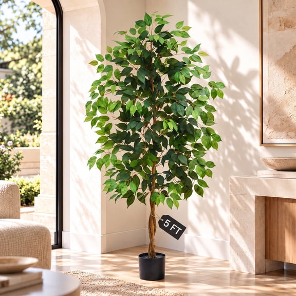 Artificial Ficus Tree Indoor, 5FT Realistic Large Fake Trees, Lifelike Lush Faux Silk Ficus Plant with Black Planter, Tall Artificial Plants for Home Room House Office Greenery Decor