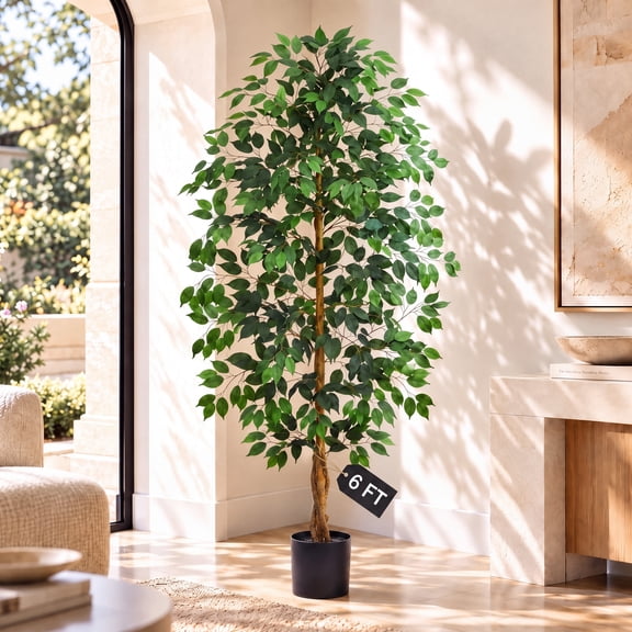 Artificial Ficus Tree Indoor, 6FT Realistic Large Fake Trees, Lifelike Lush Faux Silk Ficus Plant with Black Planter, Tall Artificial Plants for Home Room House Office Greenery Decor