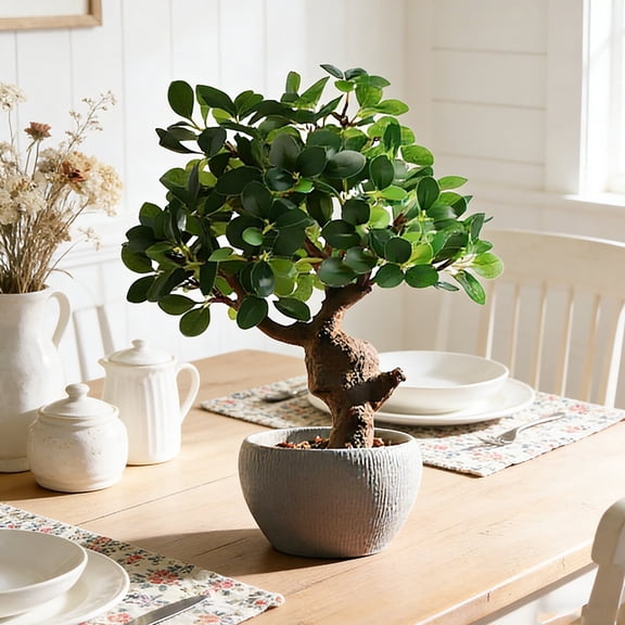 TOARTi Artificial Ficus Tree Natural Trunk with Faux Green Leaves White Plastic Planter Included Indoor Tabletop Decor for Home Office Living Room 1.25 Feet