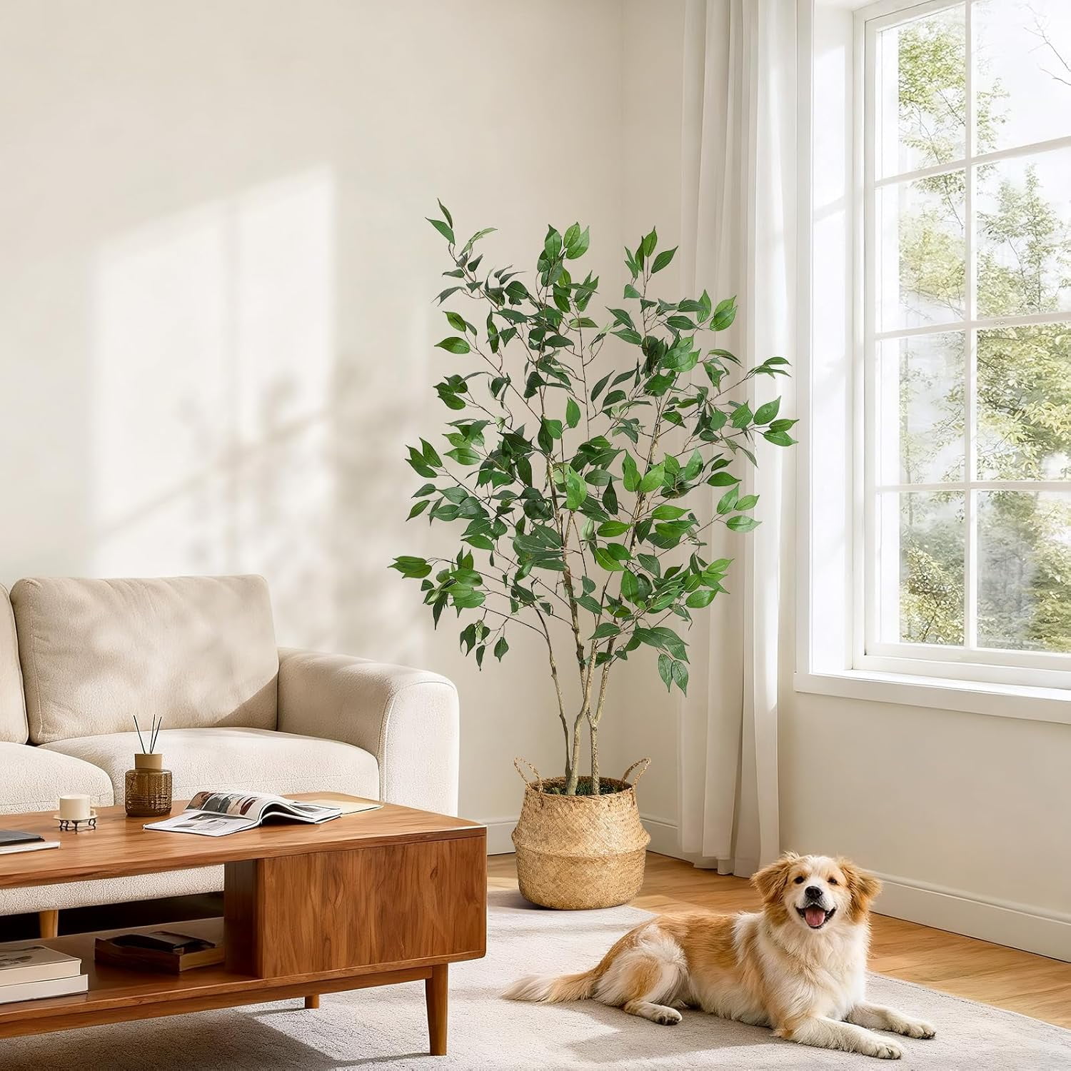 Artificial Ficus Tree with Natural Wood Trunk and Lifelike Fruits, Realistic Fake Indoor Plant for Home, Office, Living Room Decor, Perfect as a Housewarming Gift