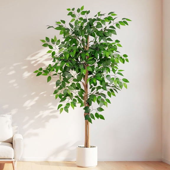 ROMSWI 5FT Artificial Ficus Tree with White Planter Realistic Ficus Plants with Natural Wood Trunk for Living Room Home Office Porch