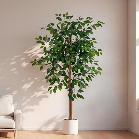 ROMSWI 5FT Artificial Ficus Tree with White Planter Realistic Ficus Plants with Natural Wood Trunk for Living Room Home Office Porch