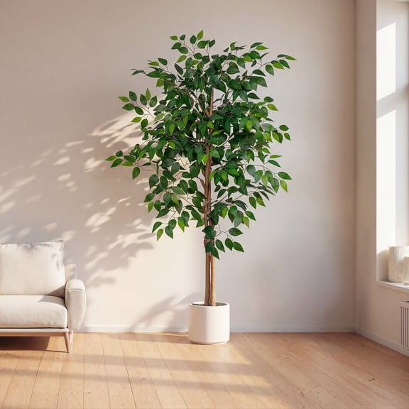 ROMSWI 5FT Artificial Ficus Tree with White Planter Realistic Ficus Plants with Natural Wood Trunk for Living Room Home Office Porch