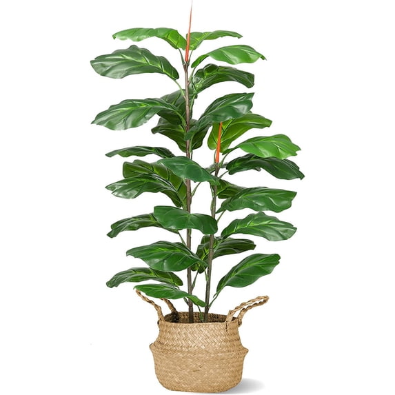 Artificial Fiddle Leaf Fig Tree, 39" Faux Ficus Lyrata Plant with Woven Basket, Fake Potted Decor