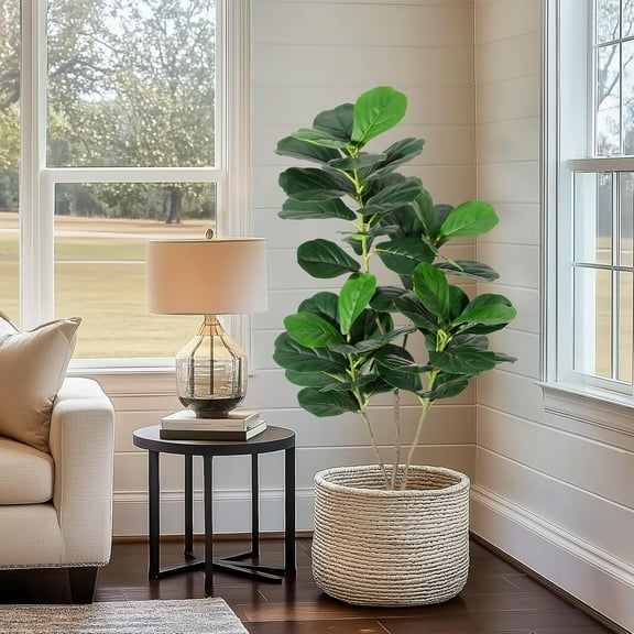 Artificial Fiddle Leaf Fig Tree 4/5/6ft Tall Fake Ficus Tree for Home Decor Faux Lyrata Plants Green Tree with Pot for Indoor Outdoor Home Office Living Room Bathroom Decor