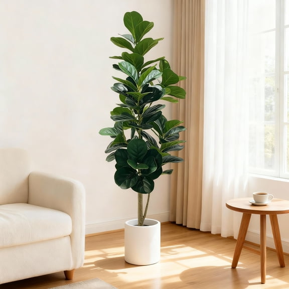Artificial Fiddle Leaf Fig Tree, 4.9ft Realistic Faux Ficus with Pot, Zero Maintenance Indoor Floor Plant for Home Office Decor
