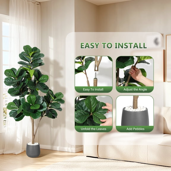 Artificial Fiddle Leaf Fig Tree – 5FT Realistic Faux Ficus Lyrata, 77 Leaves, Indoor Floor Plant for Home, Office, Living Room – Easy Maintenance, Housewarming Gift – White Flower Stone, 150cm