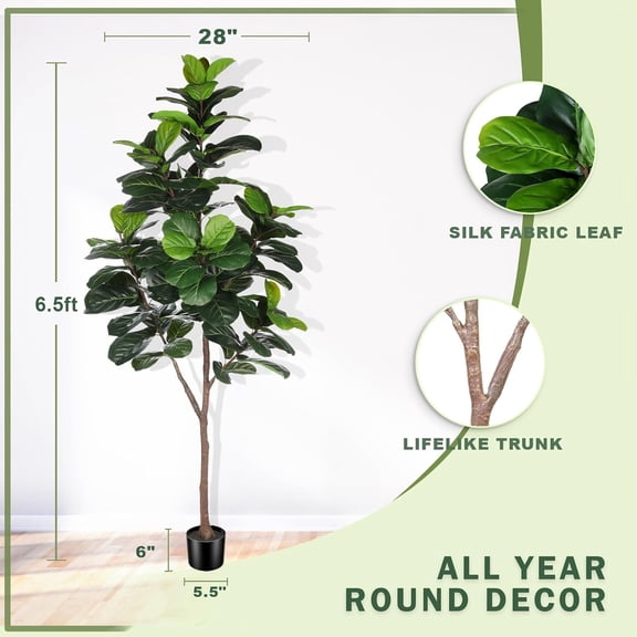 Artificial Fiddle Leaf Fig Tree - 6.5ft Faux Ficus Lyrata Plant with 108 Fiddle Leaves Fake Fig Silk Tree in Pot Artificial Tree for Indoor Outdoor Home Office Housewarming