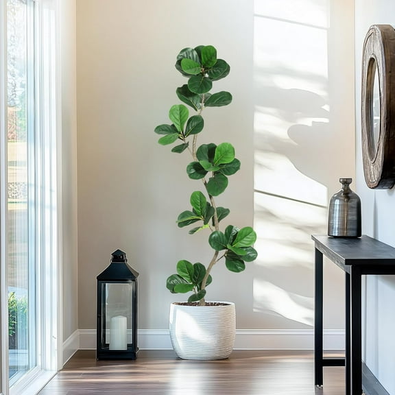 Artificial Fiddle Leaf Fig Tree - 6 ft Fake Plant with Black Nursery Planter, Large Fake Tree for Home or Office Decor - Artificial Plants Indoor Outdoor, Housewarming Gift