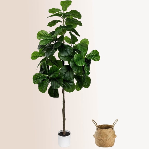 Artificial Fiddle Leaf Fig Tree 6FT - Large Fake Tree with White Planter&Basket, Tall Faux Ficus Lyrata Tree Floor Plants for Indoor Home Decor Office Living Room Housewarming Gift, 1Pack