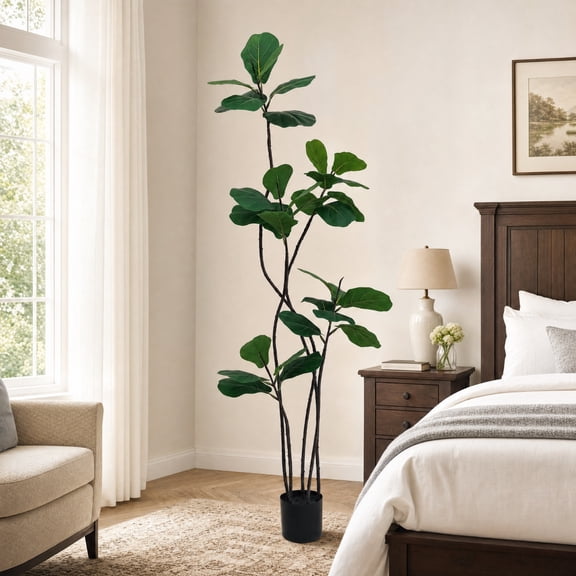 Artificial Fiddle Leaf Fig Tree, 6Ft Large Faux Tree Tall Fake Floor Plant with Black Pot, Xramfy Artificial Plants Indoor, Lifelike Fake Trees for Home, Decor, Living Room, Indoor & Outdoor