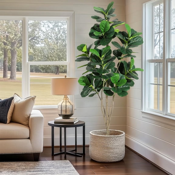 Artificial Fiddle Leaf Fig Tree 6ft Multi-Stem Faux Ficus Lyrata Plant, Low Maintenance Decorative Greenery for Indoor Outdoor Home Office Living Room Housewarming Gift