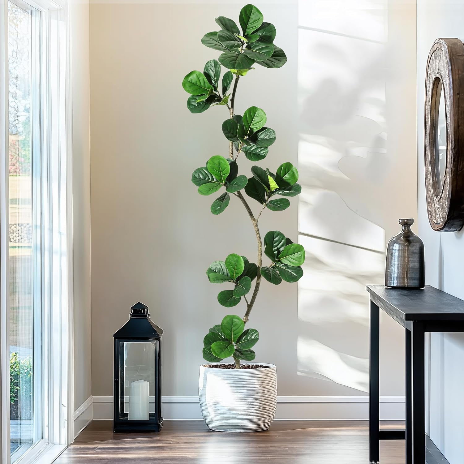 Artificial Fiddle Leaf Fig Tree - 7 ft Fake Plant with Black Nursery Planter, Large Floor Plants for Home or Office Decor - Artificial Plants Indoor Outdoor, Housewarming Gift