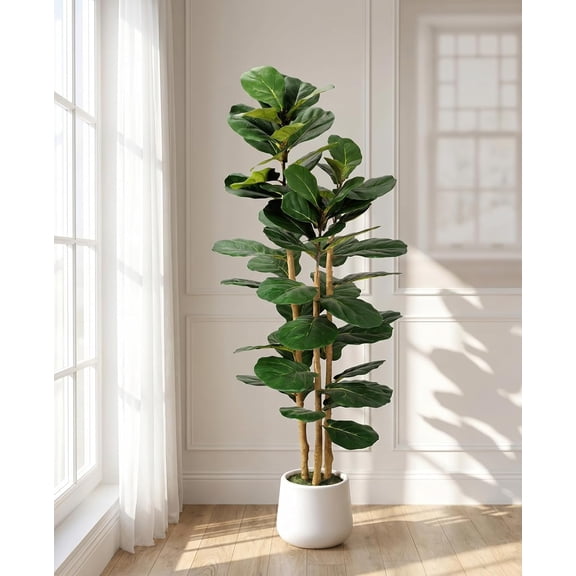 Artificial Fiddle Leaf Fig Tree in Modern White Planter, 5ft Large Fake Tree with 3 Sturdy Trunks, Fake Plants Faux Fig Tree with Moss, Lifelike Tall Artificial Plants Indoor for Office Home Decor