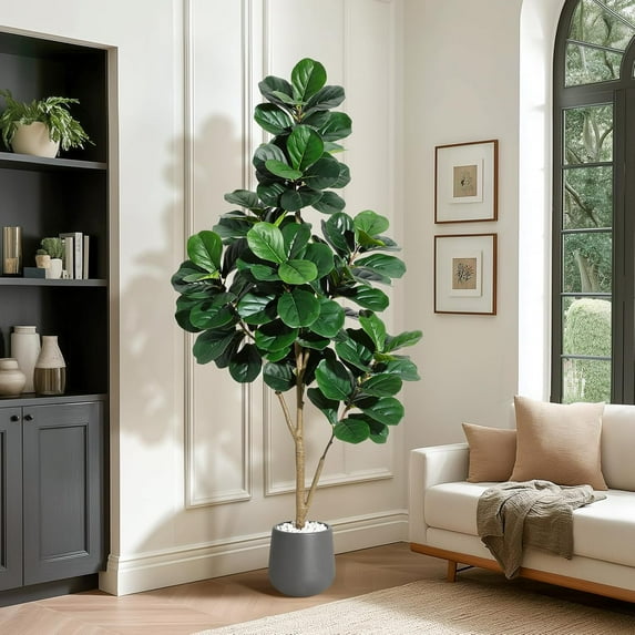 Artificial Fiddle Leaf Fig Tree with Planter,5ft Tall Fake Tree with Natural Wood Trunk for Home Decor, Indoor Fake Floor Plants for Home Office Living Room Decor, Housewarming Gift