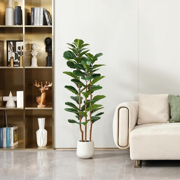 Artificial Fiddle Leaf Fig Tree with White Planter,5ft Tall Fake Tree with Natural Wood Trunk for Home Decor, Faux Ficus Tree Fake Moss for Indoor Office Living Room