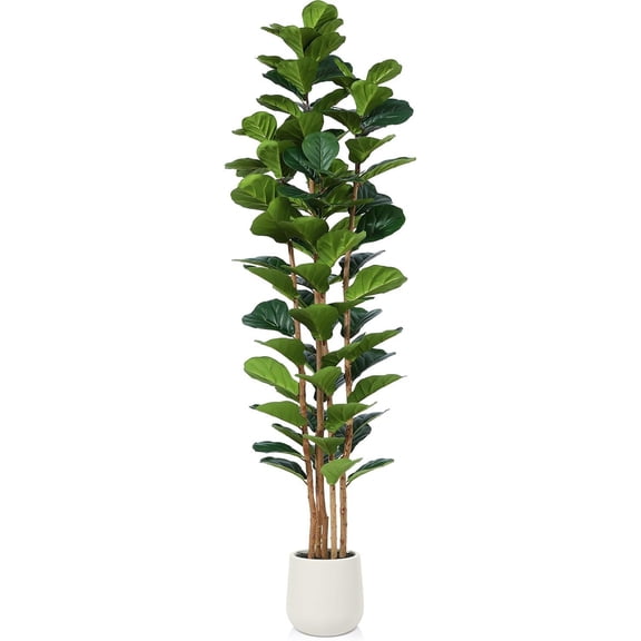 Artificial Fiddle Leaf Fig Tree with White Planter, 7ft Tall Fake Tree with Natural Wood Trunk for Home Decor, Faux Ficus Tree Fake Moss for Indoor Office Living Room