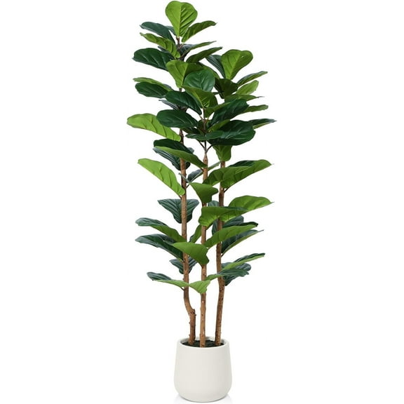 Artificial Fiddle Leaf Fig Tree with White Planter,5ft Tall Fake Natural Wood Trunk for Home Decor, Faux Ficus Moss Indoor Office Living Room
