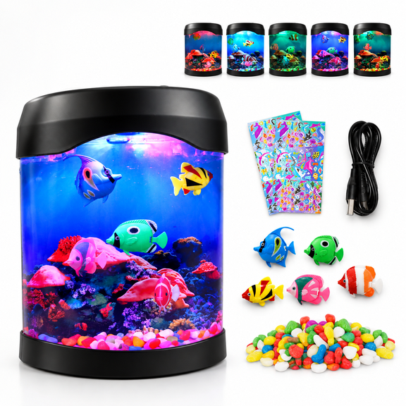 Artificial Fish Aquarium LED Night Light, 6 Color Changing Modes, 5 Realistic Fish