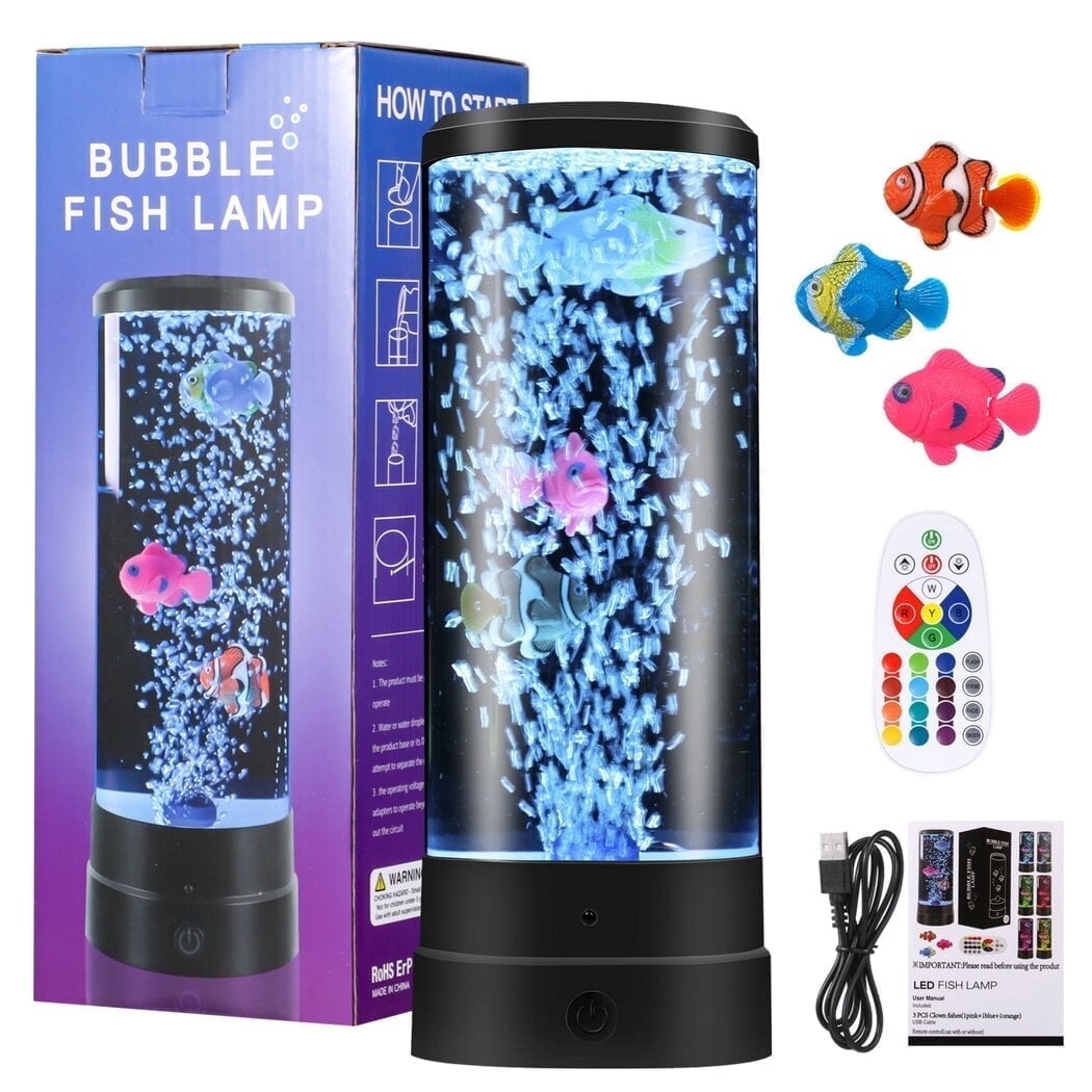 Artificial Fish Aquarium Lamp Night Light, LED Bubble Fish Aquarium Lamp for Home Office Decor, USB Powered Mini Bubble Lamp with Remote Control