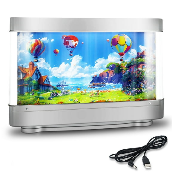 Artificial Fish Tank Mini Aquarium -colorful summer day, hot air balloons at the beach, Colorful Motion Night Light, Perfect Fun Gift for Kids and Adults