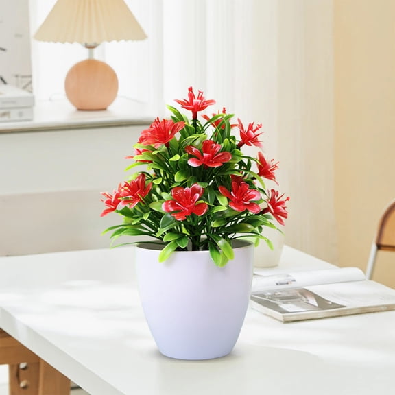 Artificial Five-Leaf Plum Potted Plant, Faux Bonsai Flower Arrangement for Indoor Home, Garden, Office Desk, or Terrace Decoration