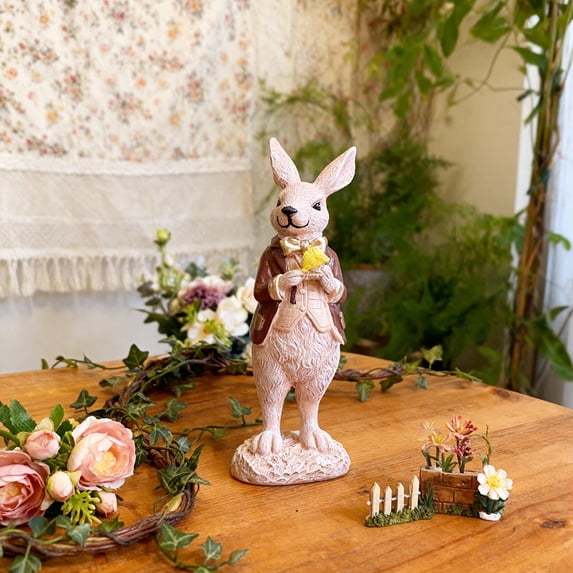 Artificial Flocked Bunny Standing Sculpture Easter Garden Decoration Holiday Tabletop Home Decor Green Resin Rabbit Ornament(Brown)