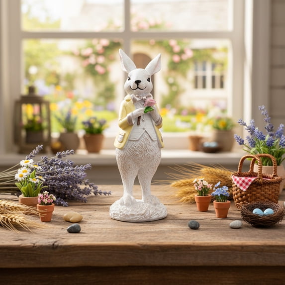 Artificial Flocked Bunny Standing Sculpture Easter Garden Decoration Holiday Tabletop Home Decor Green Resin Rabbit Ornament(Yellow)
