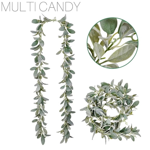 Artificial Flocked Lambs Ear Garland - 2Meter Soft Faux Vine Greenery and Leaves for Farmhouse Mantel Decor