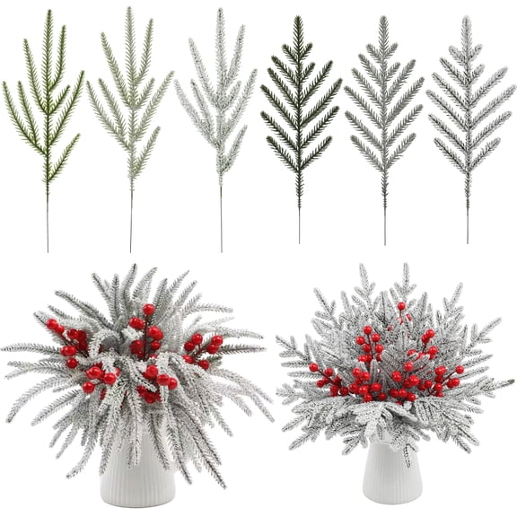 Artificial Flocked Pine Picks, Snow Covered Evergreen Pine Branches, Bendable Christmas Greenery Stems for Wreath Vase Mantel Xmas Decor