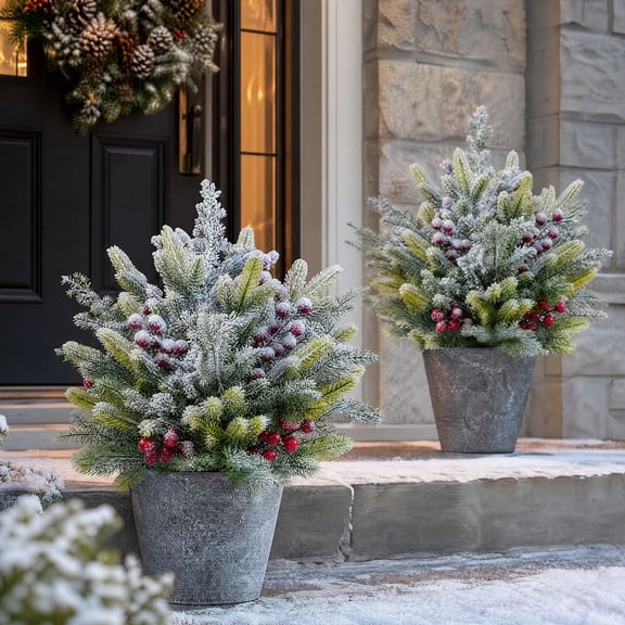 Artificial Flocked Pine Tree 25.59 Inch Fake Potted plants with Red Berries Snow Covered Branches Realistic Faux Christmas Tree for Porch Entryway Tabletop Winter Holiday Indoor Outdoor Decor