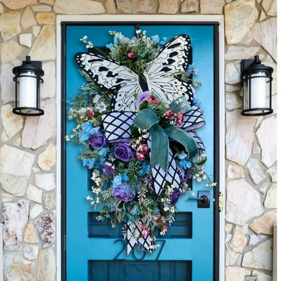Artificial Floral Butterfly Spring Swag,Exquisite Butterfly Wildflower Purple Rose Green Felt Bow Swag Wreath,Indoor Outdoor Farmhouse Butterfly Spring Swag Home Festival Decoration(19.6x13.7in)
