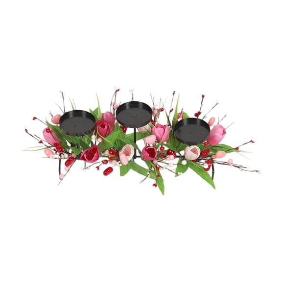 Artificial Floral Candle Holder Centerpiece with Three Metal Holders and Realistic Silk Flowers for Tabletop Decor