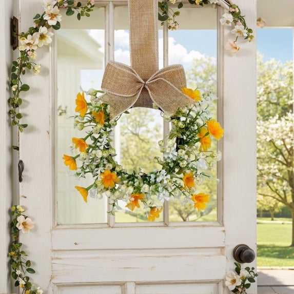 Artificial Floral Candle Holder Wreaths White Daisies & Yellow Blooms Small Pillar Wreath for Easter Wedding Home Porch Cabinet Decoration, Yellow