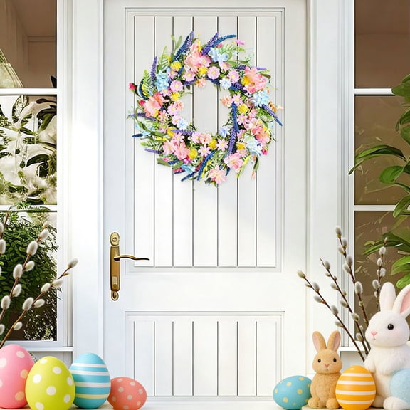 Artificial Floral Wreath for Easter Valentines Day and Spring Décor, 35cm Colorful Faux Flower Wreath for Front Door Window Wall, Waterproof Sunproof Greenery Wreath for Home Holiday Decorations