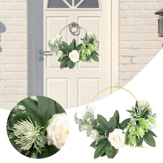 Artificial Floral Wreath for Front Door - White Rose & Greenery Garland Hoop - Spring Wall & Window Hanging Decor - All-Season Home Decor Wreath for Indoor/Outdoor Use (11. Inch Diameter)
