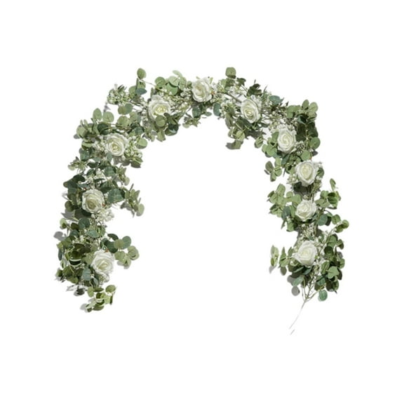 Artificial Flower*1 - 6Ft Artificial Garland with Flowers 10 White Roses Baby Breath Garland Floral Greenery Garland Table Runner Decor Wall Decoration