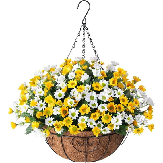 Artificial Flower with 12" Hanging Basket for Outdoor Decor Fake Silk Dasiy UV Resistant Arrangements in Pot Planter Spring Summer Decor for Indoor Porch Garden Yard(Yellow White)
