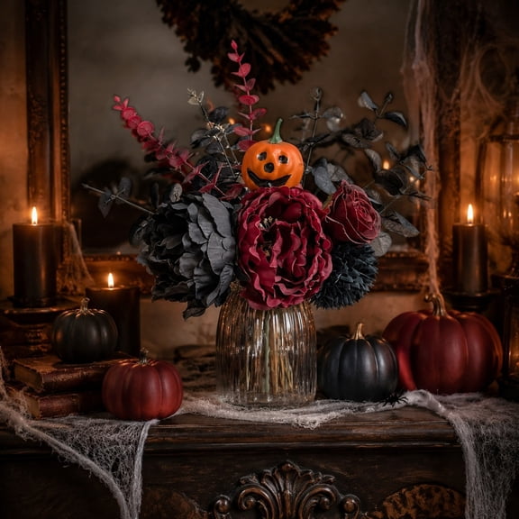 Artificial Flower 13.78 Inch Halloween Pumpkin Branches with Flowers and Leaves, Realistic Plastic Faux Floral Stems for Vase Fillers, Home Table Mantel Scary House Decor, Indoor Outdoor Party
