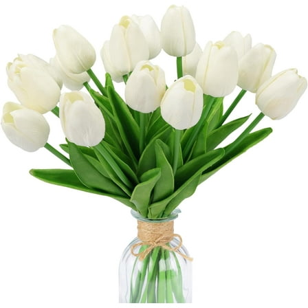 Artificial Flower,18pcs,13.5",Fake Tulips Faux White Flowers,Real Touch Tulip PU Fake Flowers,Spring Home Wedding Bouquet,Centerpiece Decoration Floral Arrangement