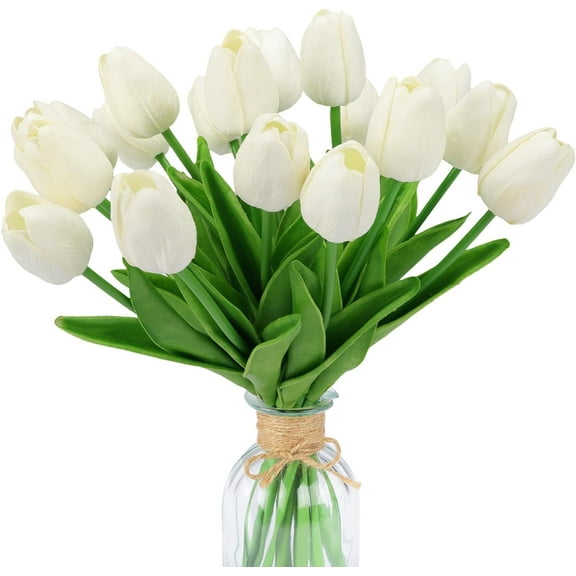 Artificial Flower,18pcs,13.5",Fake Tulips Faux White Flowers,Real Touch Tulip PU Fake Flowers,Spring Home Wedding Bouquet,Centerpiece Decoration Floral Arrangement