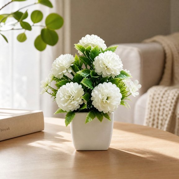 Artificial Flower 7 Inch Mini Potted Hydrangea Fake Plants Faux Silkly Flower Arrangement with White Pot for Home Office Desk Coffee Table Decor Indoor