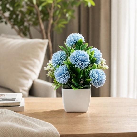 Artificial Flower 7 Inch Mini Potted Hydrangea Fake Plants Faux Silkly Flower Arrangement with White Pot for Home Office Desk Coffee Table Decor Indoor