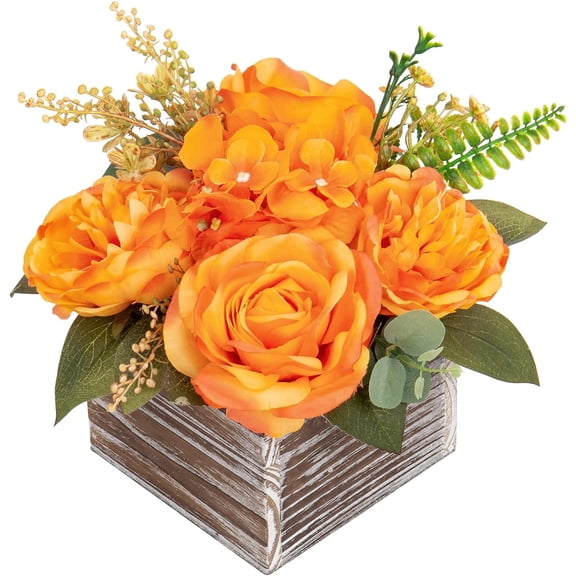 Artificial Flower Arrangement, 8'' Orange Roses Peonies Hydrangeas in Wooden Planter, Rustic Fake Flowers in Pot for Home Decor Living Room - 1PC