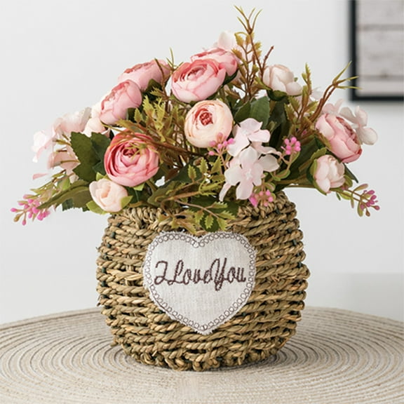 Artificial Flower Arrangement in Basket | Faux Floral Centerpiece for Home Decor, Kitchen, Wedding, or Holiday Gift | Yellow, Rose, Purple, Red Canvas Bouquet | 8.66x5.9x5.9 Inches