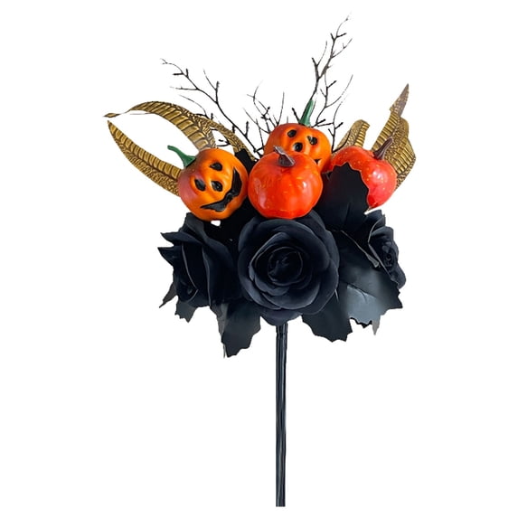 Artificial Flower Arrangement - Black Roses & Pumpkins with Vase - Halloween Table Centerpiece - Fall Decor