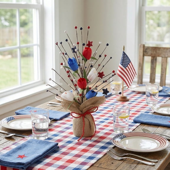 Artificial Flower Arrangement, Red White Blue Tulip Patriotic Tabletop Tree for 4th of July Independence Day Decor, Burlap Base Floral Centerpiece for Home Party Mantel Shelf, 16.5 Inch