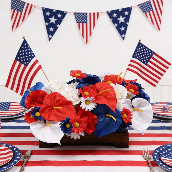 Artificial Flower Arrangement with Wood Box for 4th of July Patriotic Decor Lifelike Red White Blue Floral Centerpiece for Independence Day Memorial Day Table or Porch Decorations No Watering